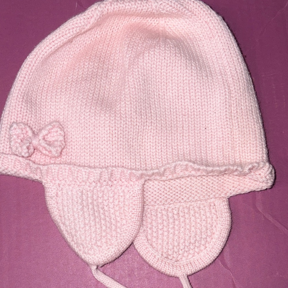 Jacadi Soft Pink Knit Hat with Bow and Ear Flaps baby girl